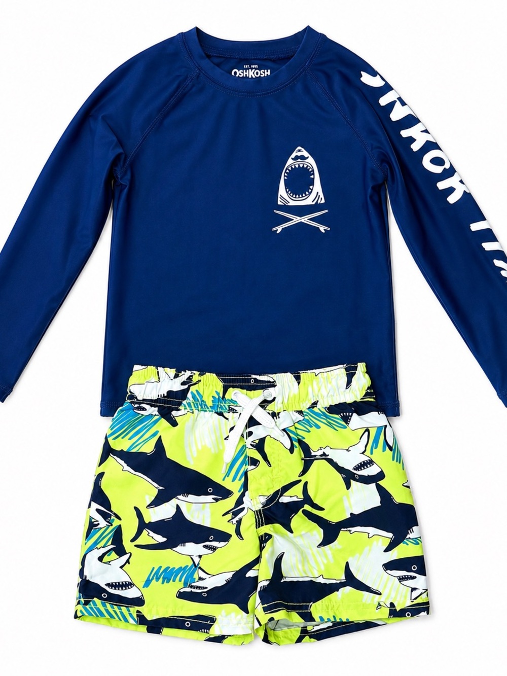 OshKosh B'gosh Navy Blue Shark Rash Guard Set with Lime Shark Swim Trunks
